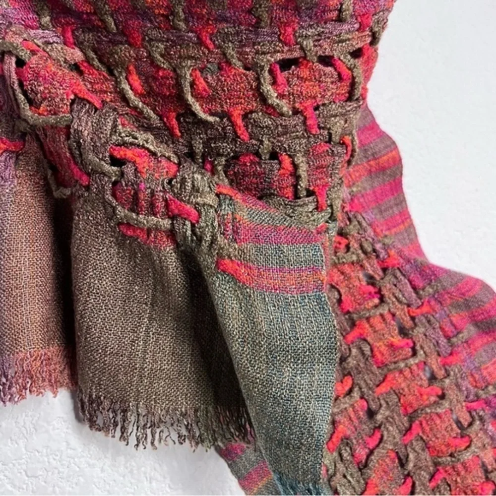 Weaved & Braided Multi Colored Raw Silk Scarf with Fringe Unisex